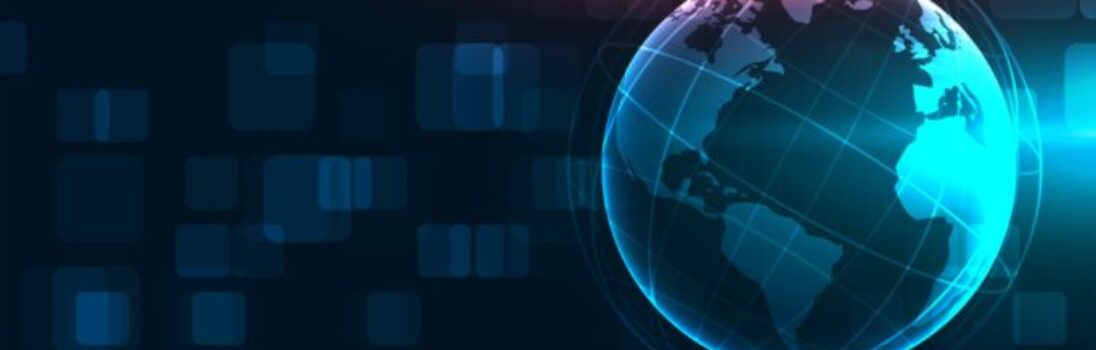 Ilustración digital resplandeciente de la Tierra, centrada en las Américas, con efectos de luz azul y naranja y formas geométricas abstractas en el fondo oscuro. -corvt_ar