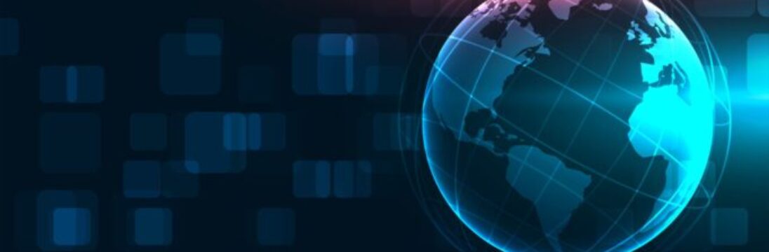 Ilustración digital resplandeciente de la Tierra, centrada en las Américas, con efectos de luz azul y naranja y formas geométricas abstractas en el fondo oscuro. -corvt_ar