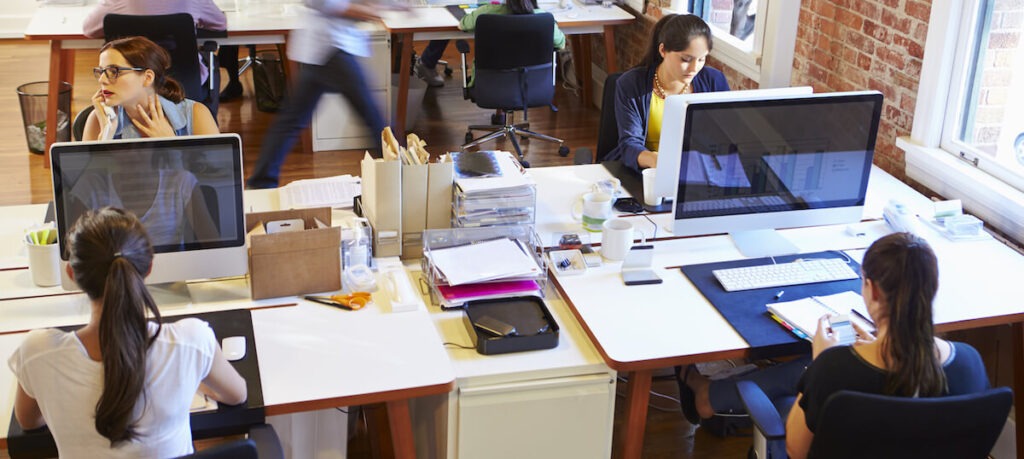 Un grupo de personas trabaja en mesas con ordenadores en una moderna oficina diáfana del Círculo Odontológico. Algunos están concentrados en sus pantallas, mientras una persona habla. La oficina tiene paredes de ladrillo y grandes ventanales. -corvt_ar